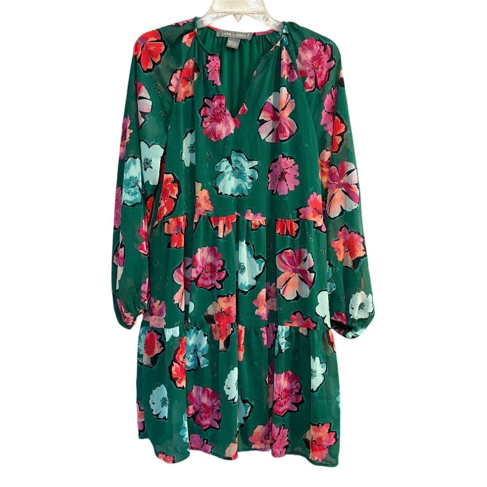 Lark + Grey Womens Size Large Green Floral Print Long Sleeve Mini Dress